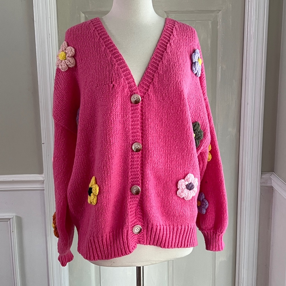 Cider Floral Cardigan Pink Women Slouchy 3D Crochet Flower Oversized Sweater